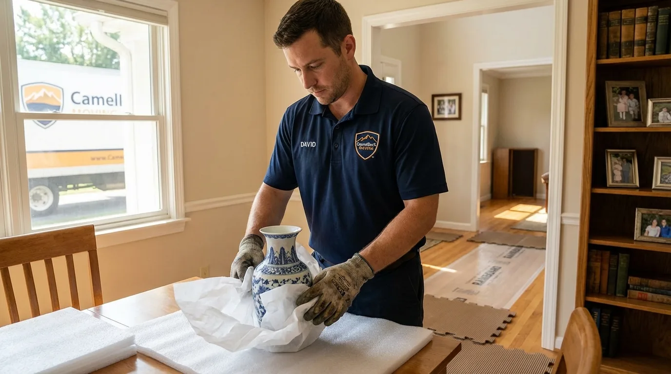 Professional crew carefully wrapping antique vase for senior downsizing move in Salyersville, KY